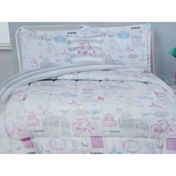 Chloe & Bella TWIN 3 Piece Comforter Set Paris Eiffel Tower Bicycle Pink Blue - Picture 4 of 12